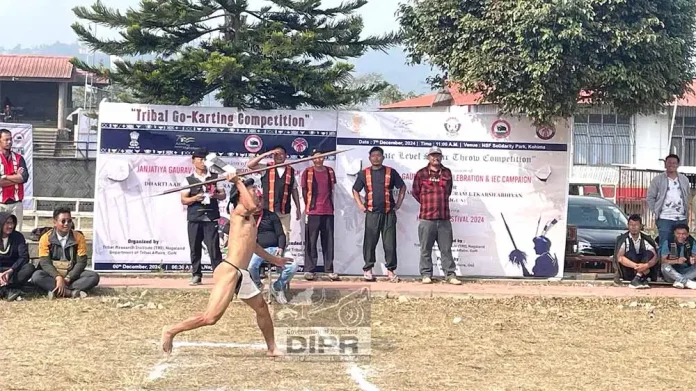 A participant throwing spear during the state level spear throwing competition organised by Tribal Affairs Department at NSF Solidarity Park on Dec 7 at Kohima (DIPR).