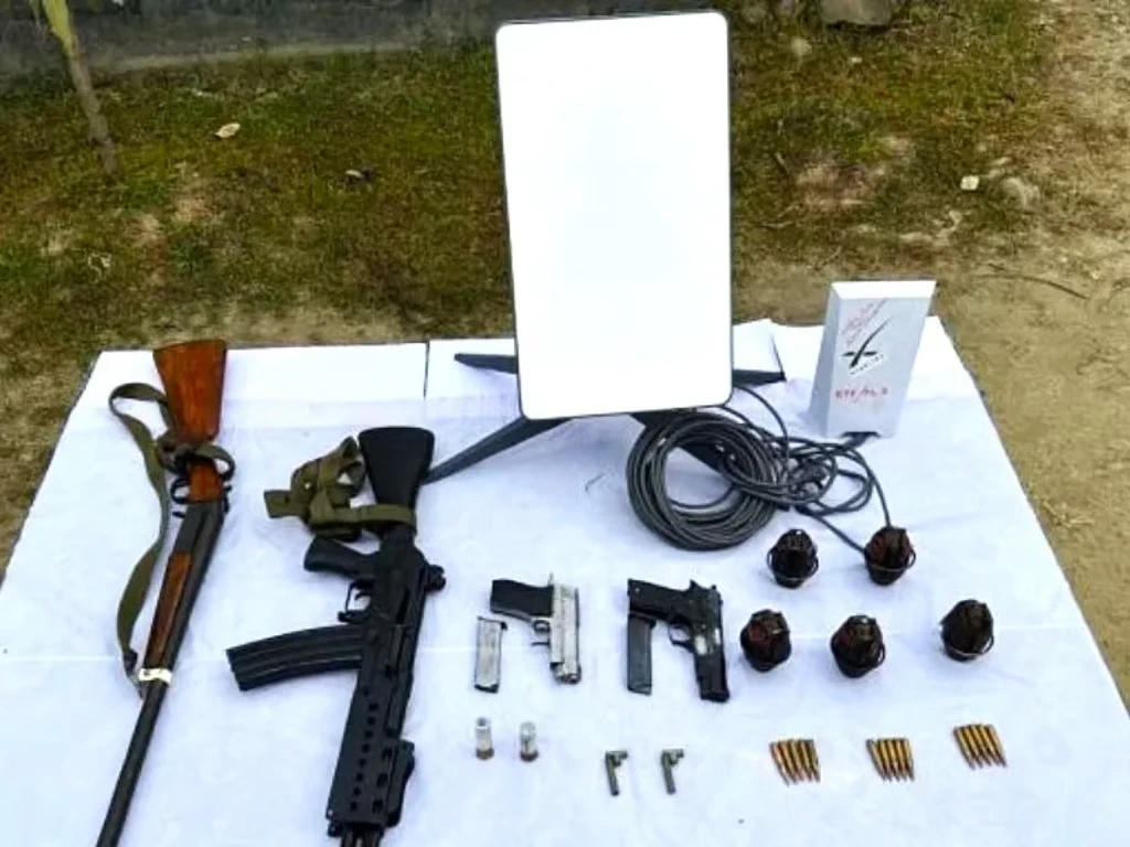 Manipur security forces seize a Starlink satellite device and an arms cache in Imphal East district.